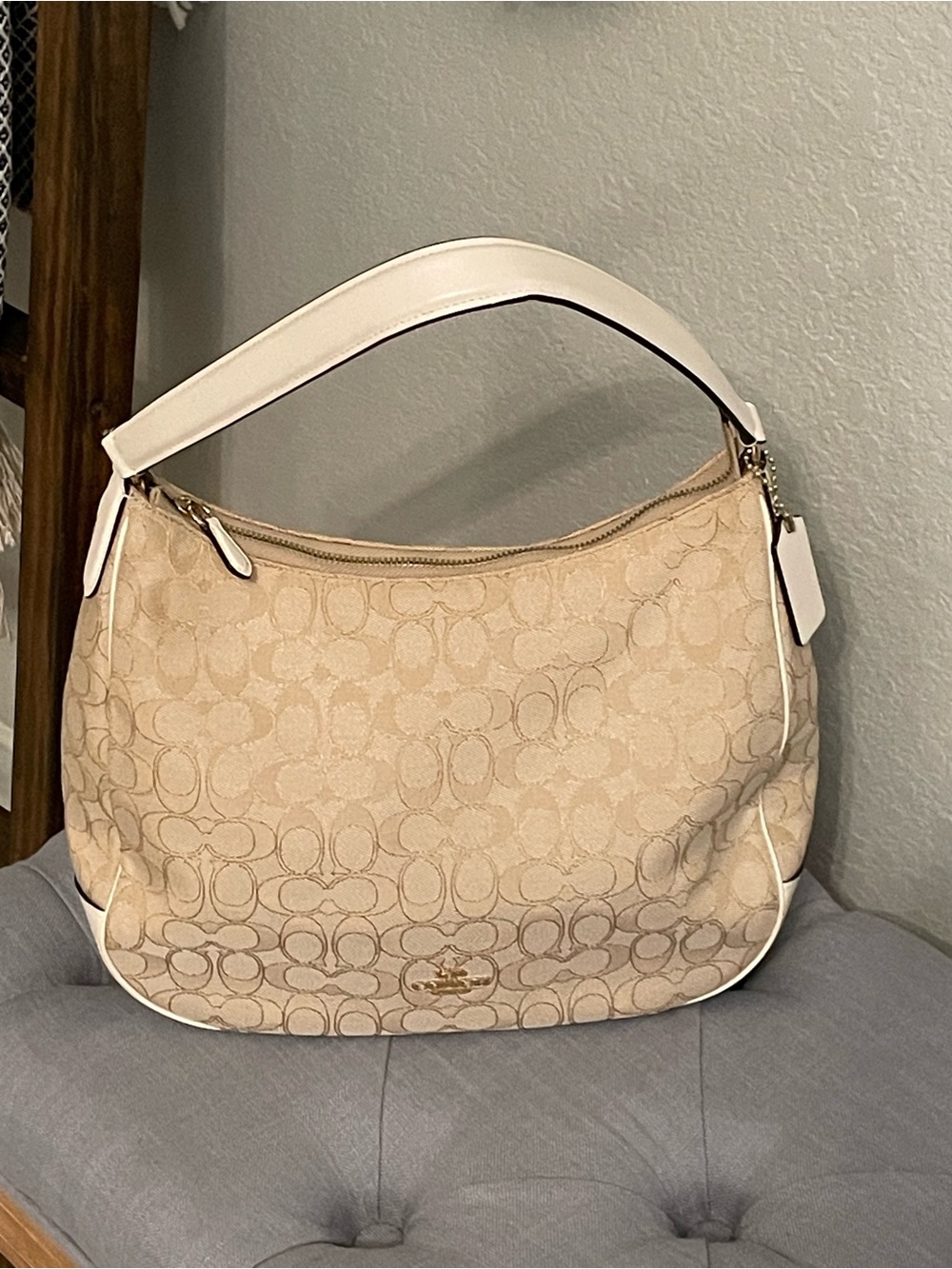 Authentic-Coach Beige Signature Jacquard Shoulder Hobo with White Trim